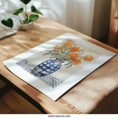 Orange Flowers Photographic Print, Blue Vase Art, Still Life Floral Decor, Kitchen Wall Art, Botanical Home Decor, Bright Floral Artwork - Tawshia