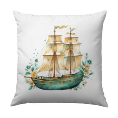 Watercolor Ship Pillow, Nautical Theme Pillow, Sailing Ship Cushion, Coastal Decor Pillow, Sea Adventure Pillow - Tawshia