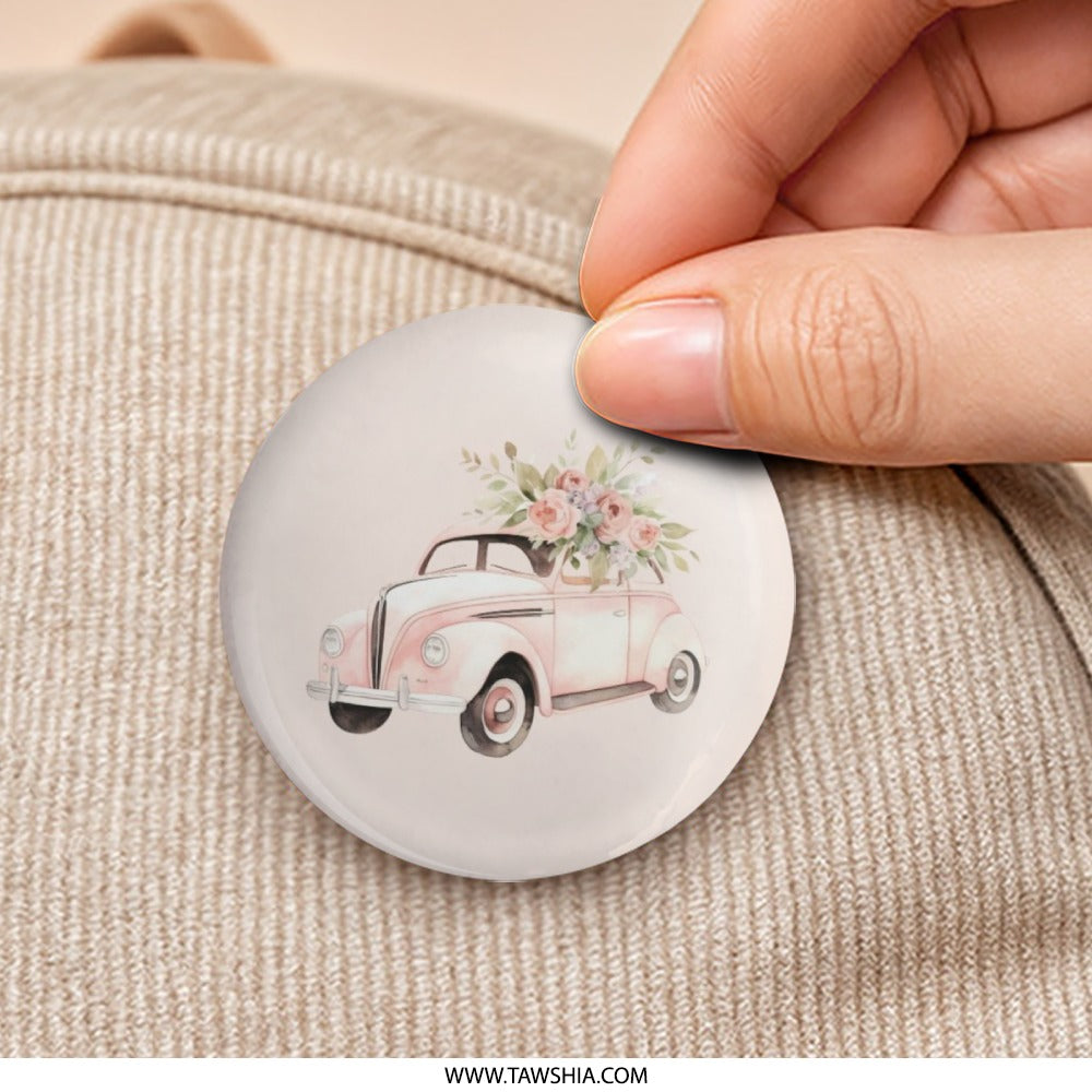 Pink Car Pinback Button, Floral Car Art Button, Vintage Car Button, Flower Car Button, Gift Idea Button - Tawshia