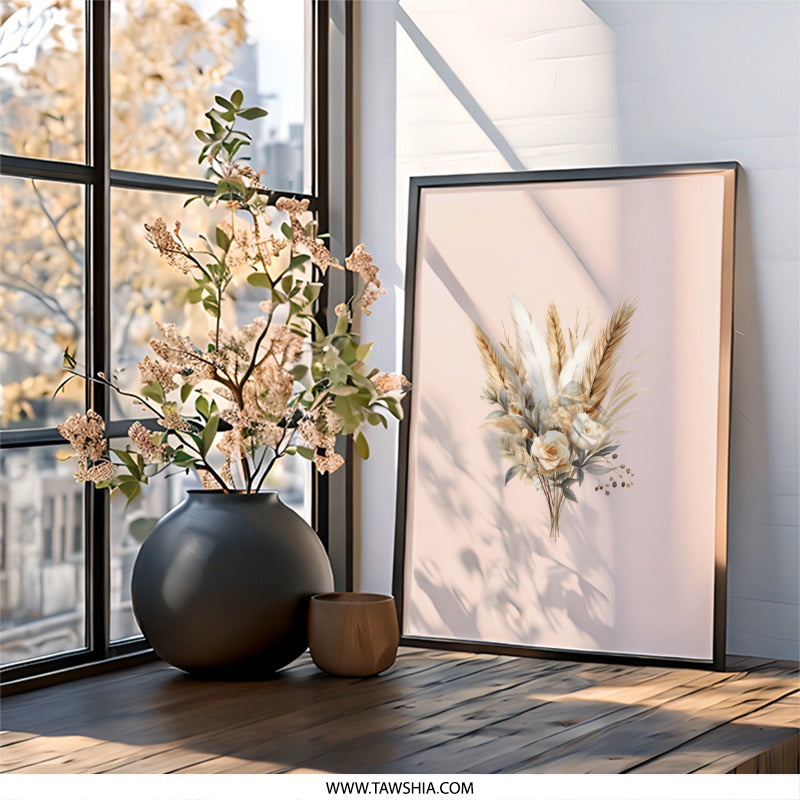 Boho Floral Wall Art, Pampas Grass Print, Beige Rose Bouquet, Rustic Decor, Botanical Illustration, Flower Arrangement, Elegant Wall Decor - Tawshia