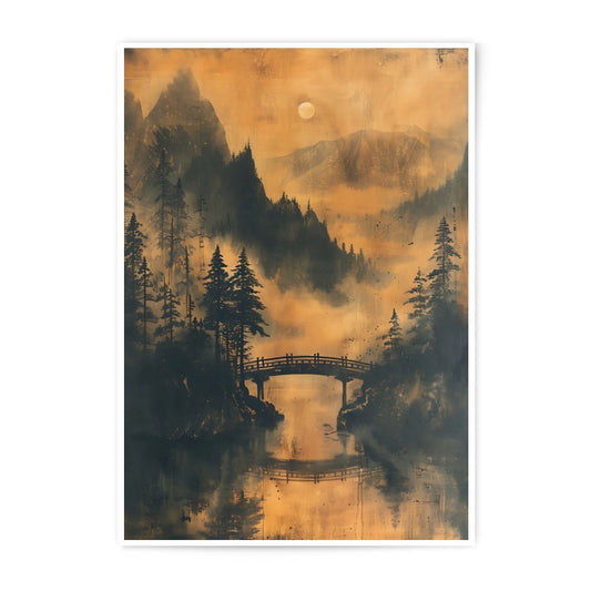 Japanese Bridge Photographic Print, Mountain Landscape Photo, Forest Reflection Art, Misty Moon Artwork, Nature Photography Print - Tawshia
