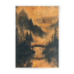 Japanese Bridge Photographic Print, Mountain Landscape Photo, Forest Reflection Art, Misty Moon Artwork, Nature Photography Print - Tawshia