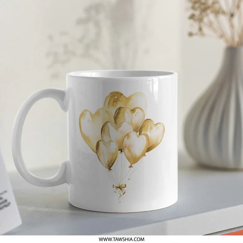 Golden Heart Balloons Mug, Watercolor Balloon Art Coffee Cup, Love Mug Gift, Decorative Mugs, Celebrations, Wedding Mug, Birthday Mug - Tawshia