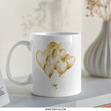 Golden Heart Balloons Mug, Watercolor Balloon Art Coffee Cup, Love Mug Gift, Decorative Mugs, Celebrations, Wedding Mug, Birthday Mug - Tawshia