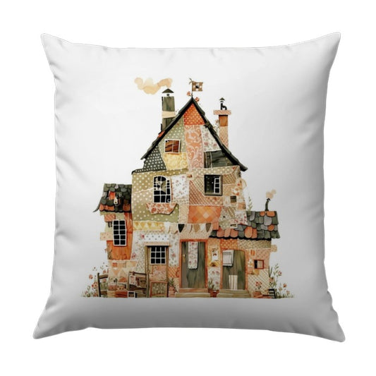 Whimsical Quilt House Pillow, Patchwork Cottage Art Cushion, Unique Home Decor, Cozy Living Room Accent, Housewarming Gift Idea - Tawshia