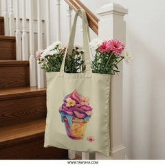Ice Cream Tote Bag, Dessert Print Bag, Floral Sweet Treat, Trendy Reusable Shopping Bag, Unique Design - Tawshia