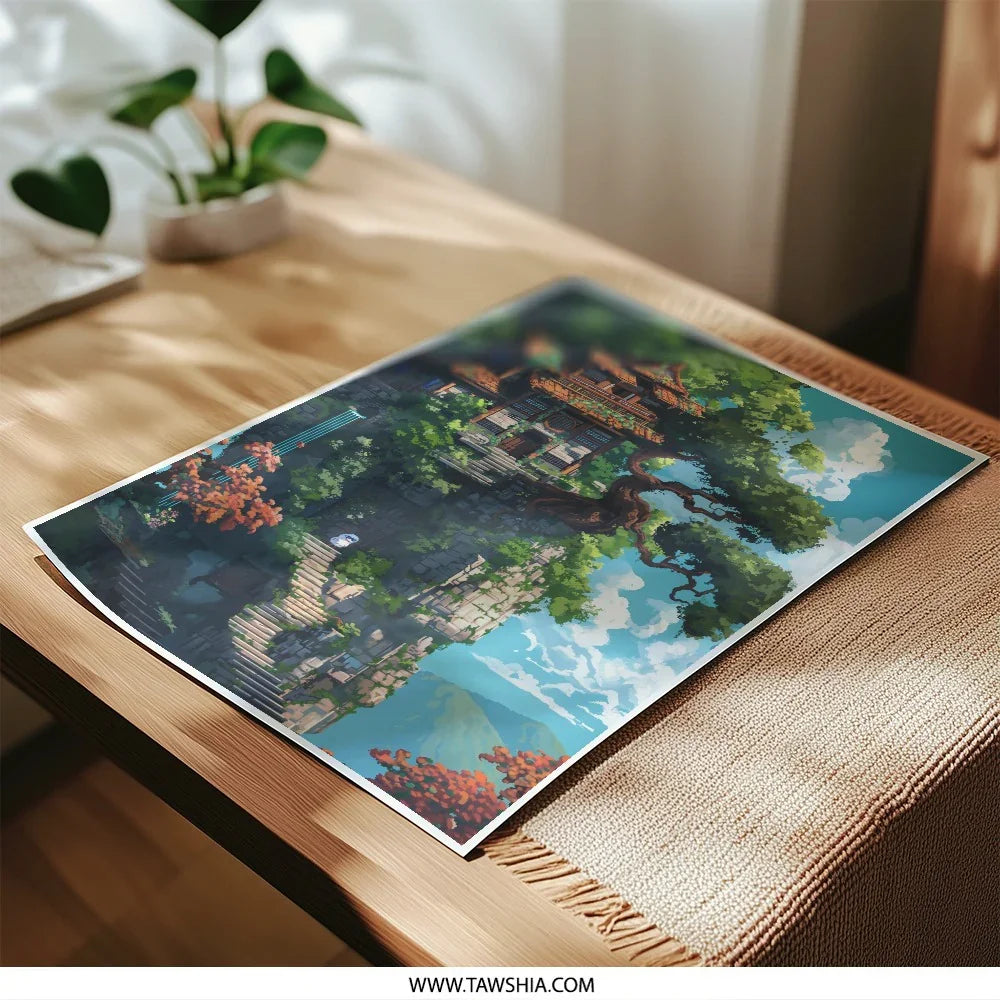 Fantasy Treehouse Photographic Print, Cliffside Home Art, Whimsical Landscape Photo, Japanese Inspired House, Dreamy Scene, Wall Decor - Tawshia