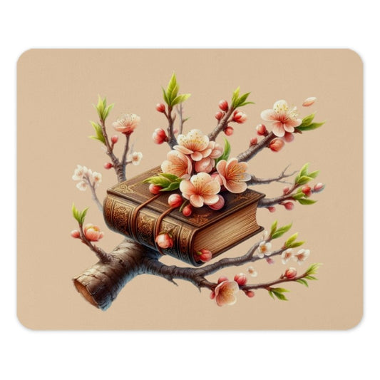 Book and Blossom Mouse Pad, Floral Mousepad, Book Lover Gift, Elegant Office Decor, Peach Blossom, Literary Gift, Unique Mouse Mat - Tawshia