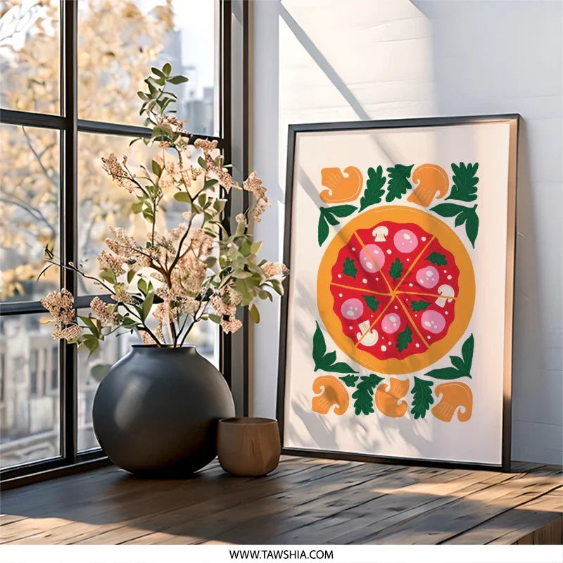 Pizza Wall Art, Foodie Decor, Kitchen Wall Decor, Fun Wall Art, Pizza Lover Gift, Mushroom Art, Illustrated Art Print, Home Decor - Tawshia