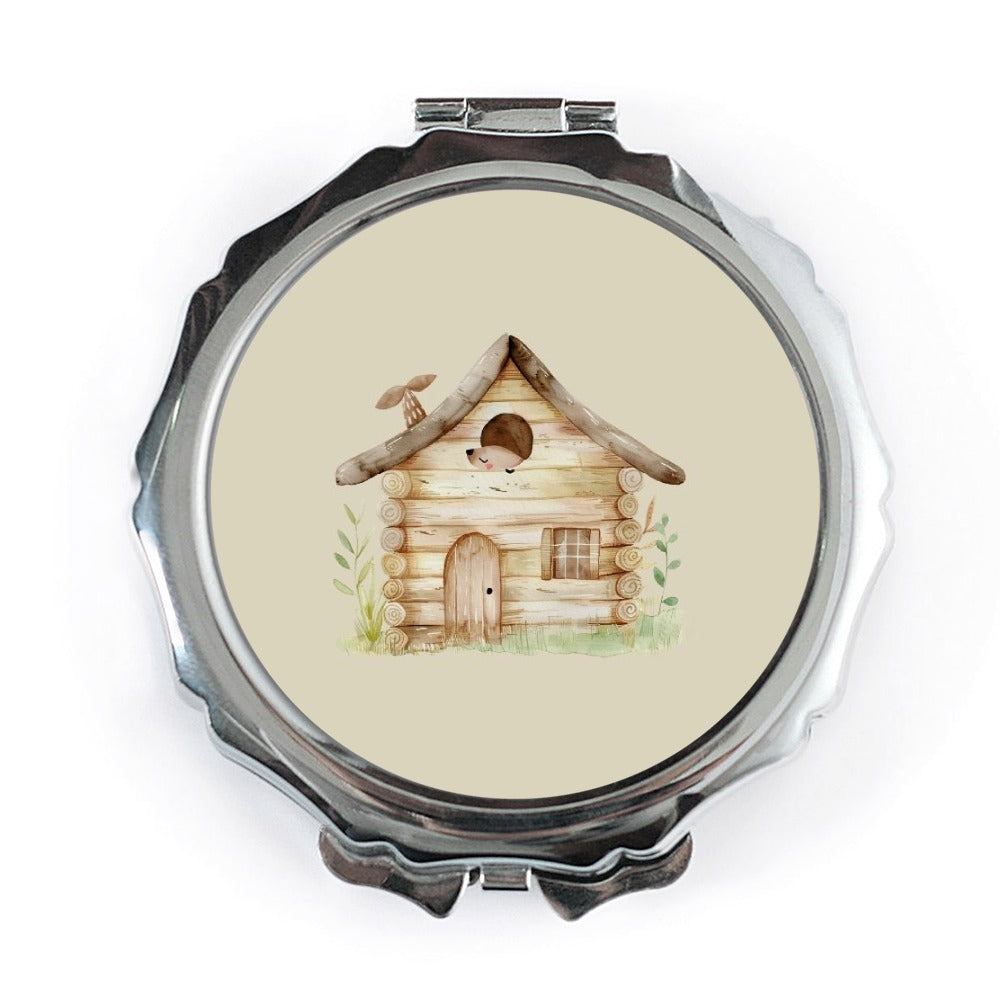 Cute Log Cabin Pocket Mirror, Hedgehog House Gift, Woodland Animal Lover, Compact Mirror for Travel, Handbag Accessory - Tawshia
