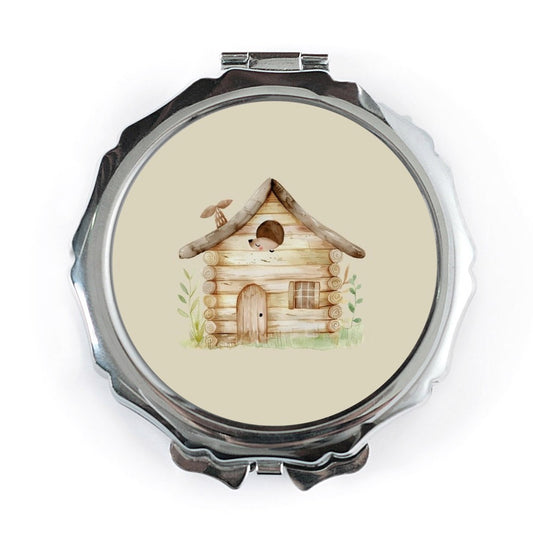 Cute Log Cabin Pocket Mirror, Hedgehog House Gift, Woodland Animal Lover, Compact Mirror for Travel, Handbag Accessory - Tawshia