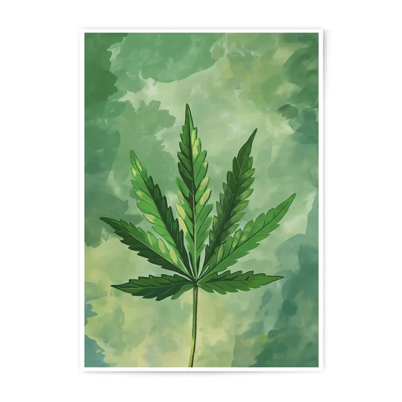 Cannabis Photographic Print, Watercolor Marijuana Leaf Art Print, Green Botanical Wall Decor, Weed Plant Poster, Herbal Art Prints - Tawshia