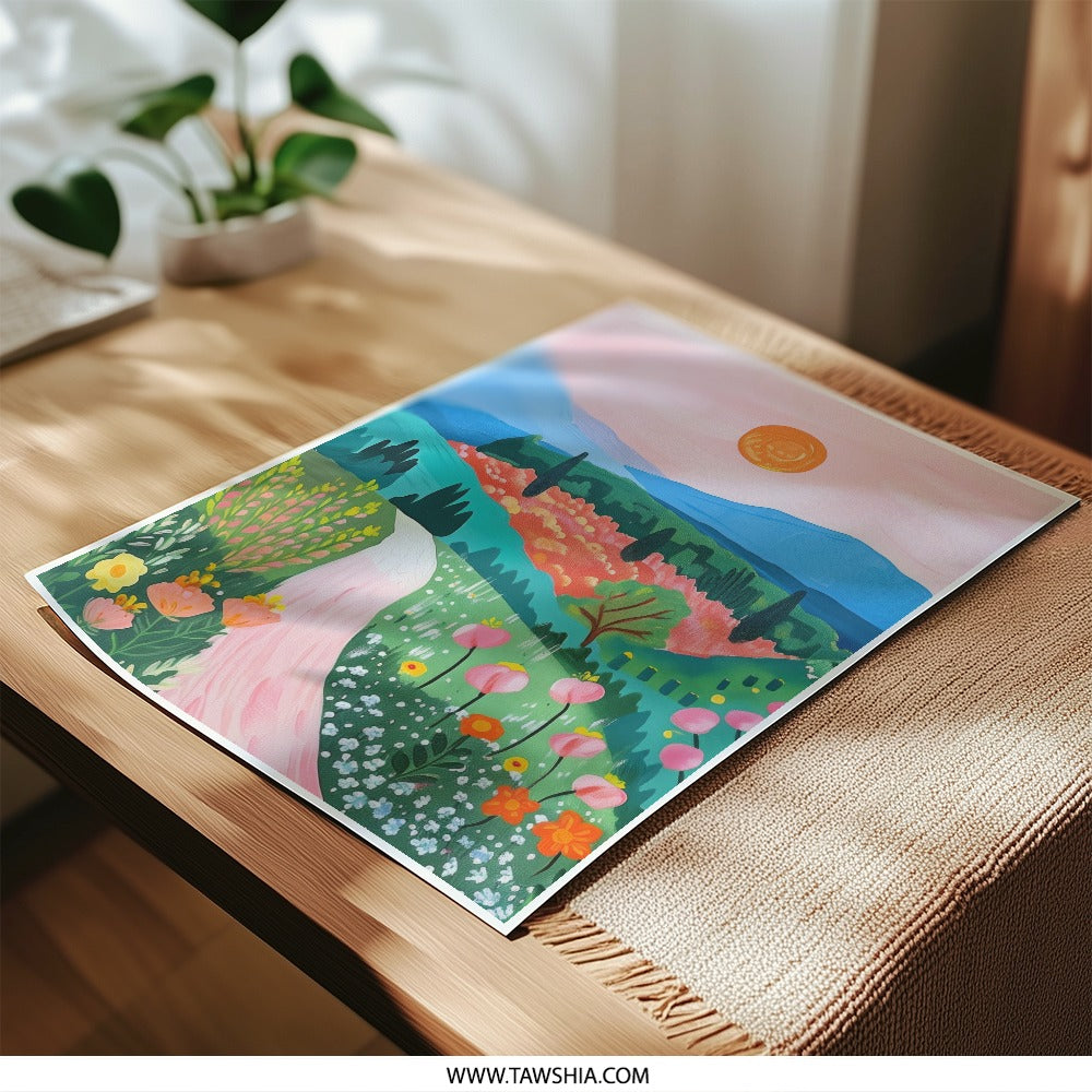 Scenic Landscape Photographic Print, Mountain View Art, Floral Meadow Photo, Colorful Nature Artwork, Sunny Sky Print - Tawshia