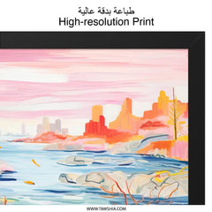 Floral Landscape Wall Art, River View Artwork, Birds Painting, Pink Sky Scenery Print, Cityscape Illustration, Nature Home Decor - Tawshia