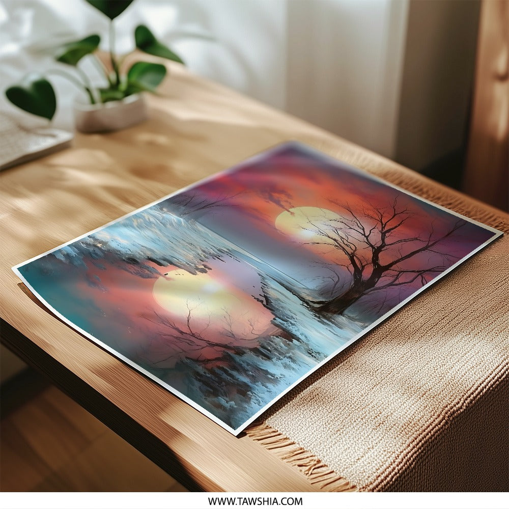 Winter Sunset Reflection Photographic Print, Snowy Landscape Art, Colorful Sky Fine Art Print, Nature Wall Decor, Scenic Photography - Tawshia