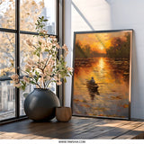 Sunset River Wall Art, Man in Boat Painting, Landscape Artwork, Peaceful Scenery Print, Calm Waters Home Decor, Golden Hour Wall Decor - Tawshia