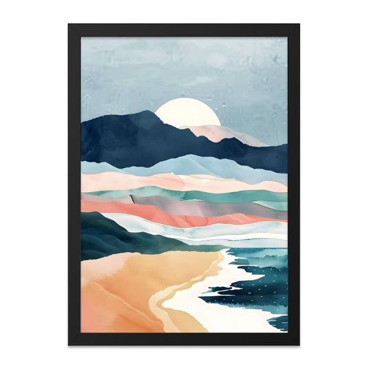 Watercolor Landscape Wall Art, Beach Mountain Sunrise Print, Abstract Coastal Home Decor, Serene Nature Painting, Pastel Colors, Modern Wall - Tawshia