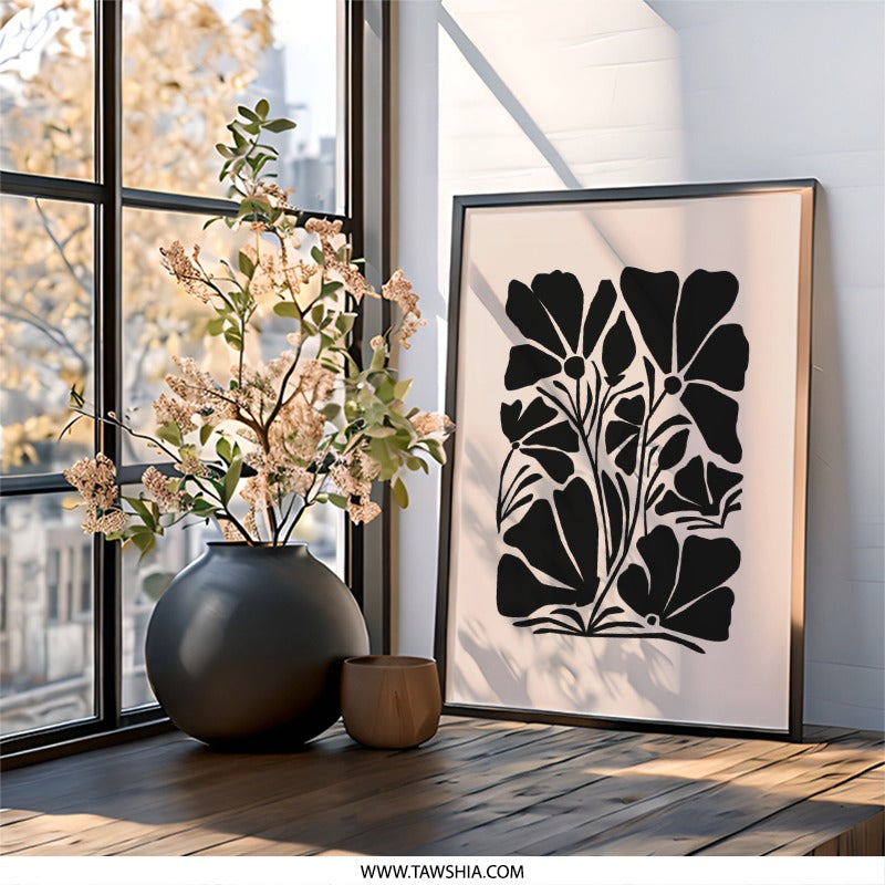 Abstract Floral Wall Art, Modern Flower Print, Black and White Botanical Decor, Minimalist Art, Home Decor Wall Art - Tawshia