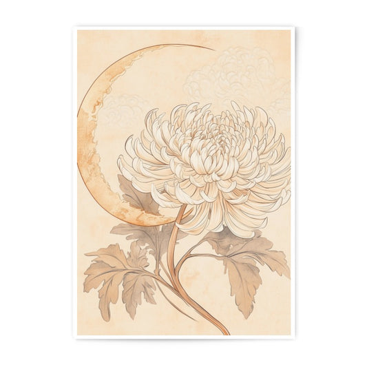Chrysanthemum Photographic Print, Moon Art Print, Floral Wall Decor, Beige Art, Celestial Home Decor, Flower Print, Botanical Illustration - Tawshia