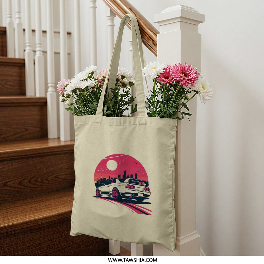 JDM Car Tote Bag, Skyline Tote, Japanese Car, Car Lover Gift, Cityscape Tote Bag, Graphic Tote, Aesthetic Tote, Trending Tote Bag - Tawshia