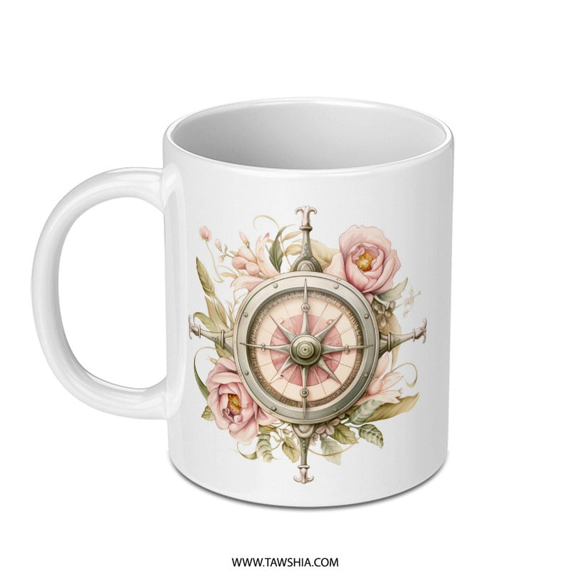 Compass Rose Mug, Floral Nautical Mug, Travel Lover Gift, Vintage Style Mug, Adventure Mug, Rose Compass Coffee Cup, Wanderlust Mug - Tawshia