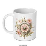 Compass Rose Mug, Floral Nautical Mug, Travel Lover Gift, Vintage Style Mug, Adventure Mug, Rose Compass Coffee Cup, Wanderlust Mug - Tawshia