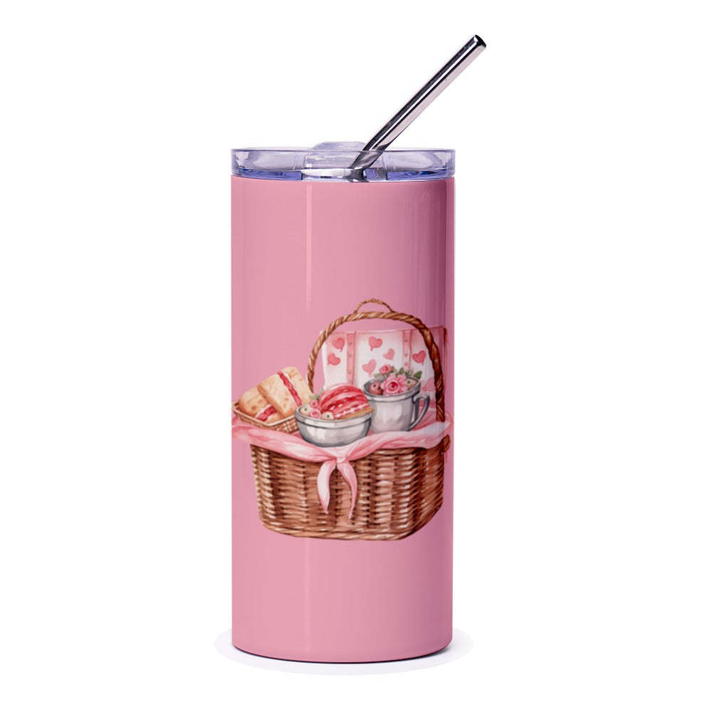 Picnic Basket Tumbler, Food Tumbler, Watercolor Tumbler, Gift for Friend, Tumbler with Straw, Valentines Day Tumbler, Drinkware Tumbler - Tawshia
