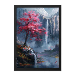 Pink Blossom Tree Wall Art, Waterfall Landscape Print, Nature Scenery Poster, Fantasy Mountain Painting, Serene Home Decor, Peaceful Wall - Tawshia