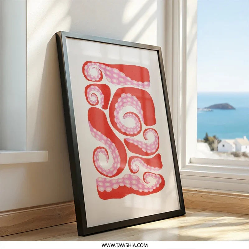 Red Octopus Tentacles Wall Art, Quirky Sea Creature Print, Nautical Theme Decor, Unique Ocean Artwork, Modern Tentacle Illustration - Tawshia