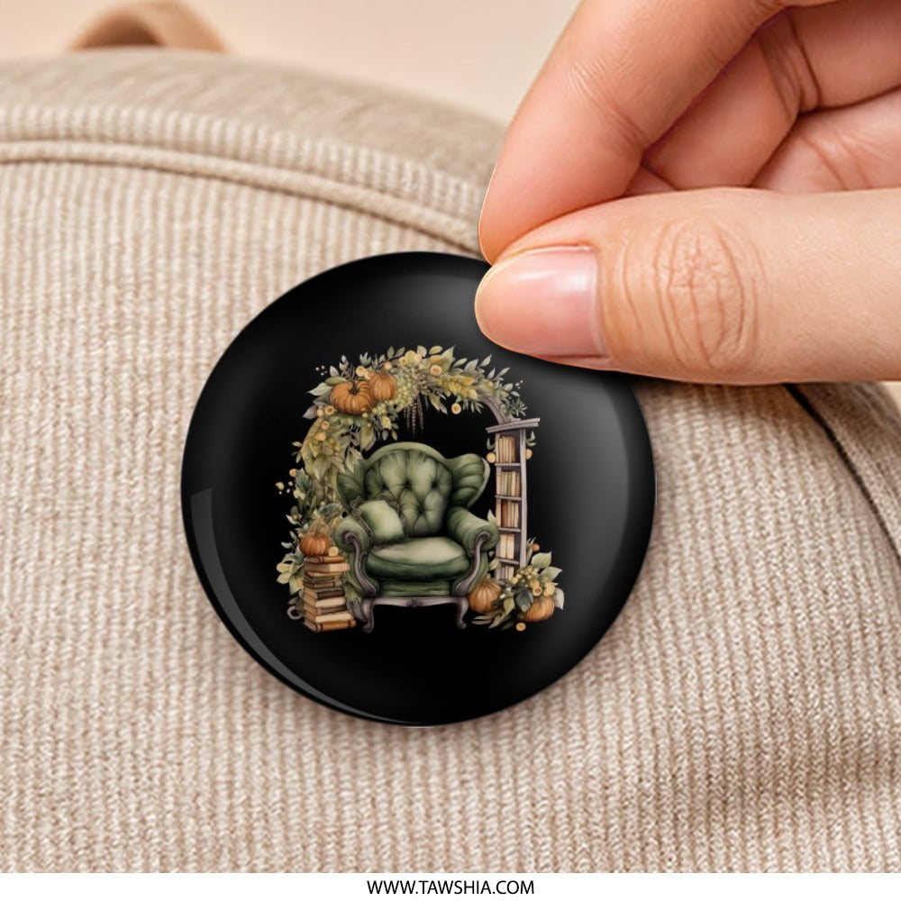 Autumn Reading Nook Pinback Button, Cozy Chair Pin, Fall Decor Button, Book Lover Gift, Literary Accessory, Pumpkin Theme Pin, Book Stack - Tawshia