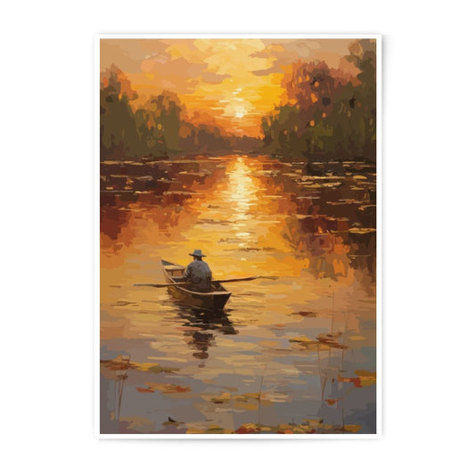Sunset Boat Ride Photographic Print, Lake Reflection Art, Man in Boat Artwork, Peaceful Nature Scene, Wall Decor, Warm Tone Print - Tawshia