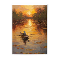 Sunset Boat Ride Photographic Print, Lake Reflection Art, Man in Boat Artwork, Peaceful Nature Scene, Wall Decor, Warm Tone Print - Tawshia