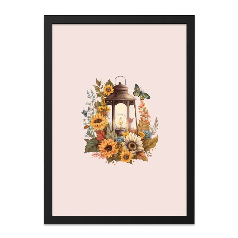 Lantern Wall Art, Sunflower Print, Butterfly Decor, Floral Art Print, Rustic Wall Hanging, Home Decor, Warm Light Art, Nature Inspired - Tawshia