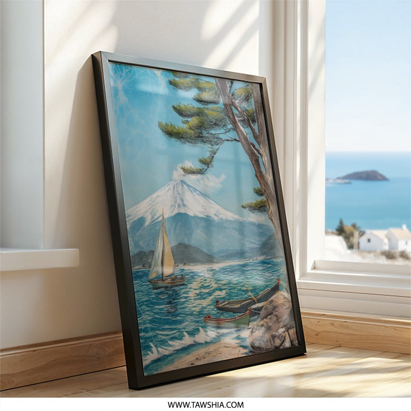 Mount Fuji Wall Art, Japanese Seascape Print, Sailboat Painting, Mountain Landscape Poster, Asian Art Print, Serene Lake Artwork - Tawshia