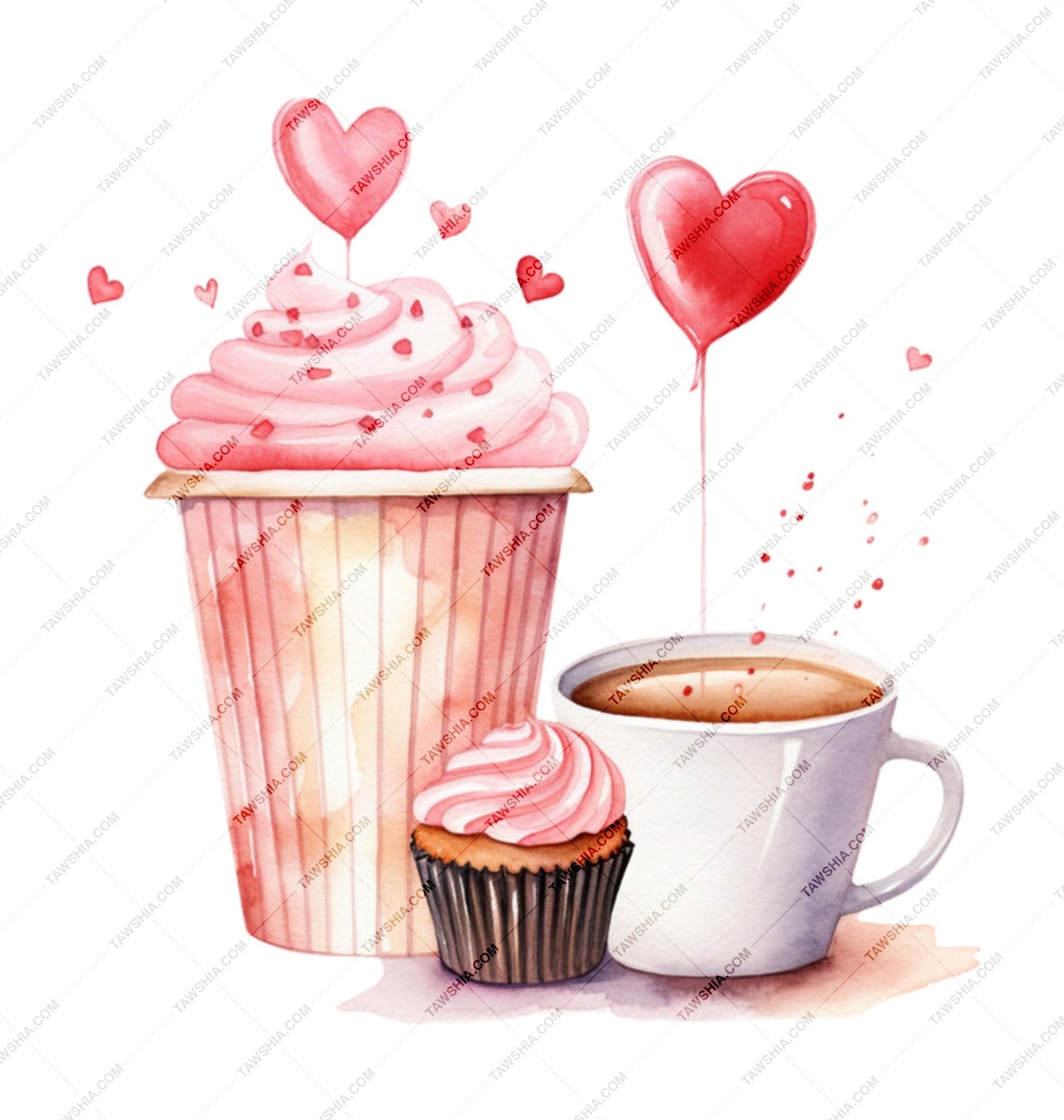 Cupcake Heart Mug, Coffee Cup Mug, Watercolor Mug, Valentine Mug, Pink Mug, Gift Mug, Cute Mug, Foodie Mug (130 characters) - Tawshia