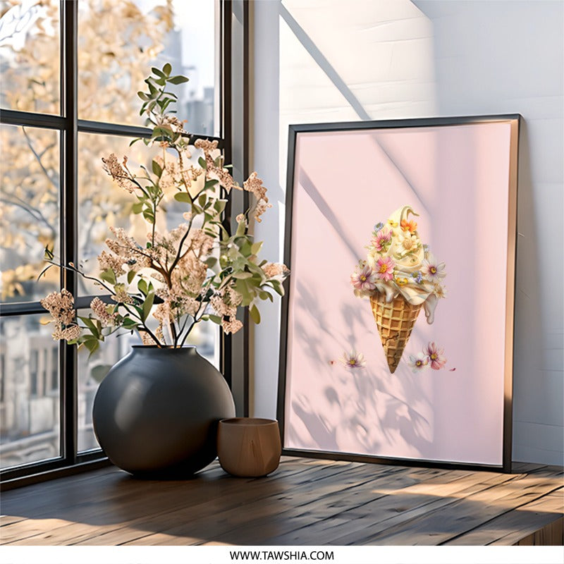 Floral Ice Cream Wall Art, Dessert Flower Art Print, Cute Foodie Decor, Sweet Treat Illustration, Trendy Wall Decor, Modern Home Art - Tawshia