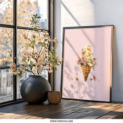 Floral Ice Cream Wall Art, Dessert Flower Art Print, Cute Foodie Decor, Sweet Treat Illustration, Trendy Wall Decor, Modern Home Art - Tawshia
