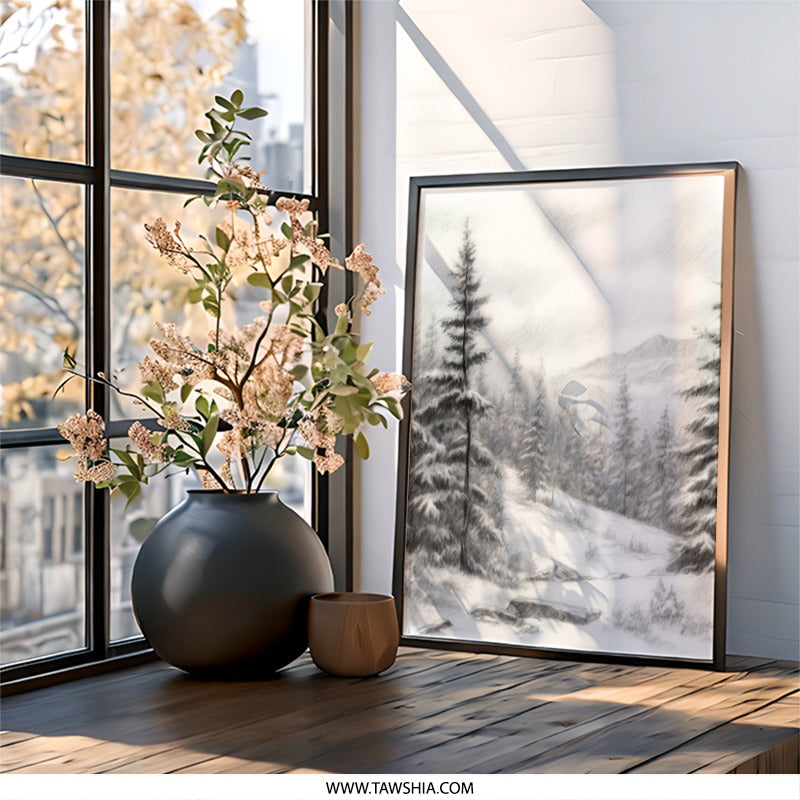Winter Forest Wall Art, Snowy Mountain Print, Pencil Drawing Landscape, Nature Scene Decor, Winter Trees Art, Monochrome Artwork, Framed Art - Tawshia