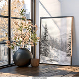 Winter Forest Wall Art, Snowy Mountain Print, Pencil Drawing Landscape, Nature Scene Decor, Winter Trees Art, Monochrome Artwork, Framed Art - Tawshia