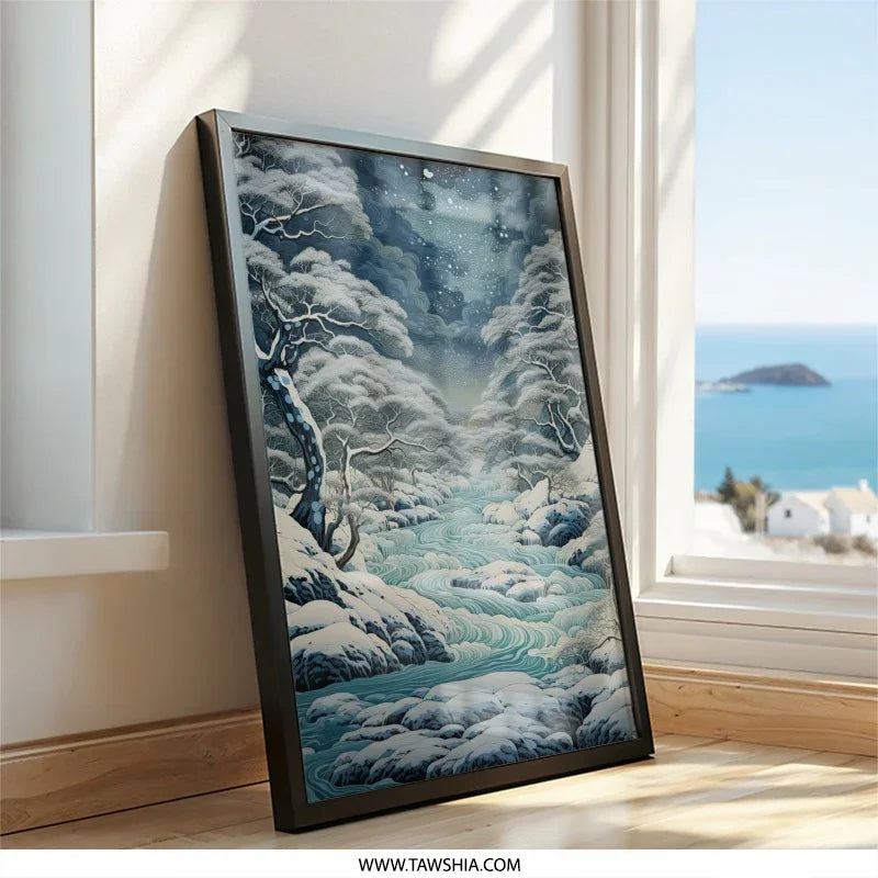 Winter Wonderland Wall Art, Snowy Landscape Print, Tranquil River Scene, Cold Season Decor, Serene Nature Art - Tawshia