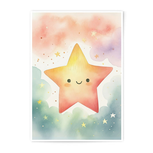 Cute Star Photographic Print, Smiling Star Art, Watercolor Star Decor, Pastel Nursery Art, Baby Room Decor, Celestial Wall Art - Tawshia
