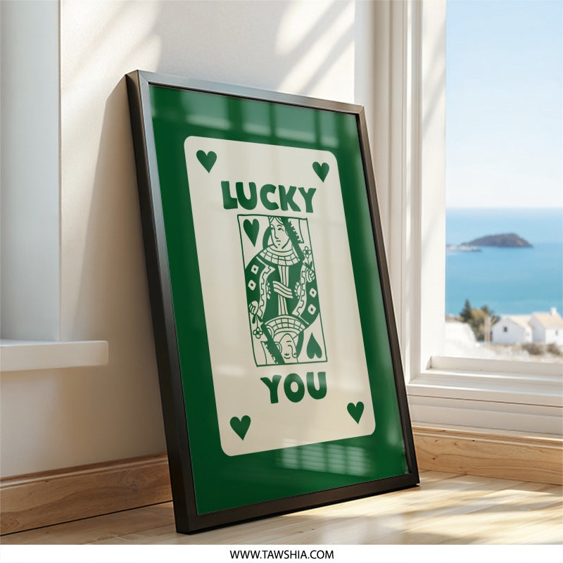 Lucky You Wall Art, Queen of Hearts Print, Playing Card Art, Green Aesthetic Decor, Trendy Home Decor, Gambler Gift, Unique Wall Hanging - Tawshia