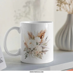 Boho Floral Mug, Rose and Pampas Grass, Rustic Flower Cup, Watercolor Bouquet Design, Chic Coffee Mug, Elegant Gift Idea - Tawshia