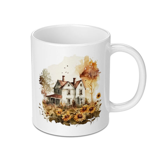 Sunflower House Mug, Watercolor Fall Mug, Autumn Home Decor, Farmhouse Mug, Cozy Coffee Mug, Countryside Mug, Cottagecore Gift Idea - Tawshia
