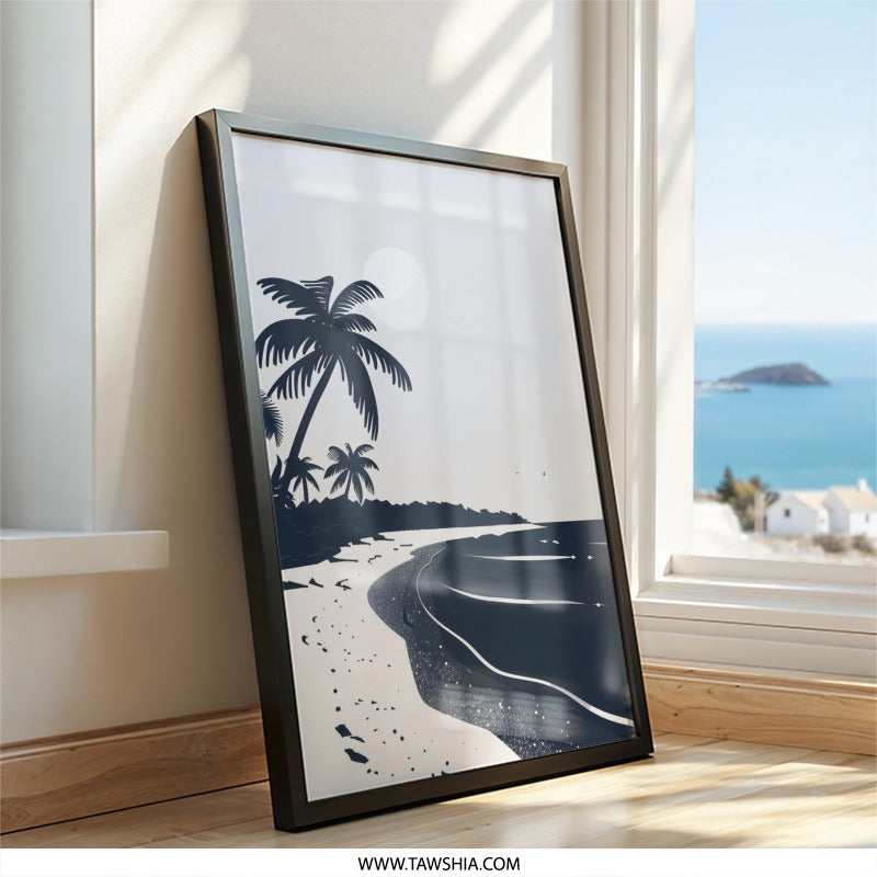 Tropical Beach Wall Art, Minimalist Palm Tree Print, Coastal Decor, Modern Landscape Art, Summer Vibes Home Decor, Navy Blue Artwork - Tawshia