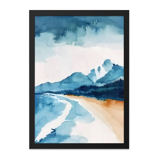 Watercolor Seascape Wall Art, Coastal Mountain Print, Beach Landscape Painting, Modern Home Decor, Abstract Scenery Artwork - Tawshia