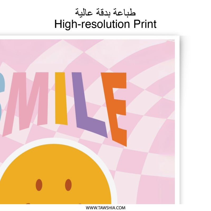 Smile Happy Photographic Print, Retro Smiley Face Art, Pink Checkered Decor, Positive Vibes Wall Art, Trendy Home Decor, Funky Print - Tawshia