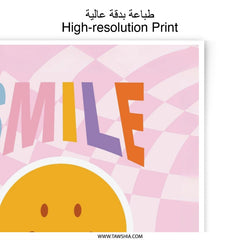 Smile Happy Photographic Print, Retro Smiley Face Art, Pink Checkered Decor, Positive Vibes Wall Art, Trendy Home Decor, Funky Print - Tawshia
