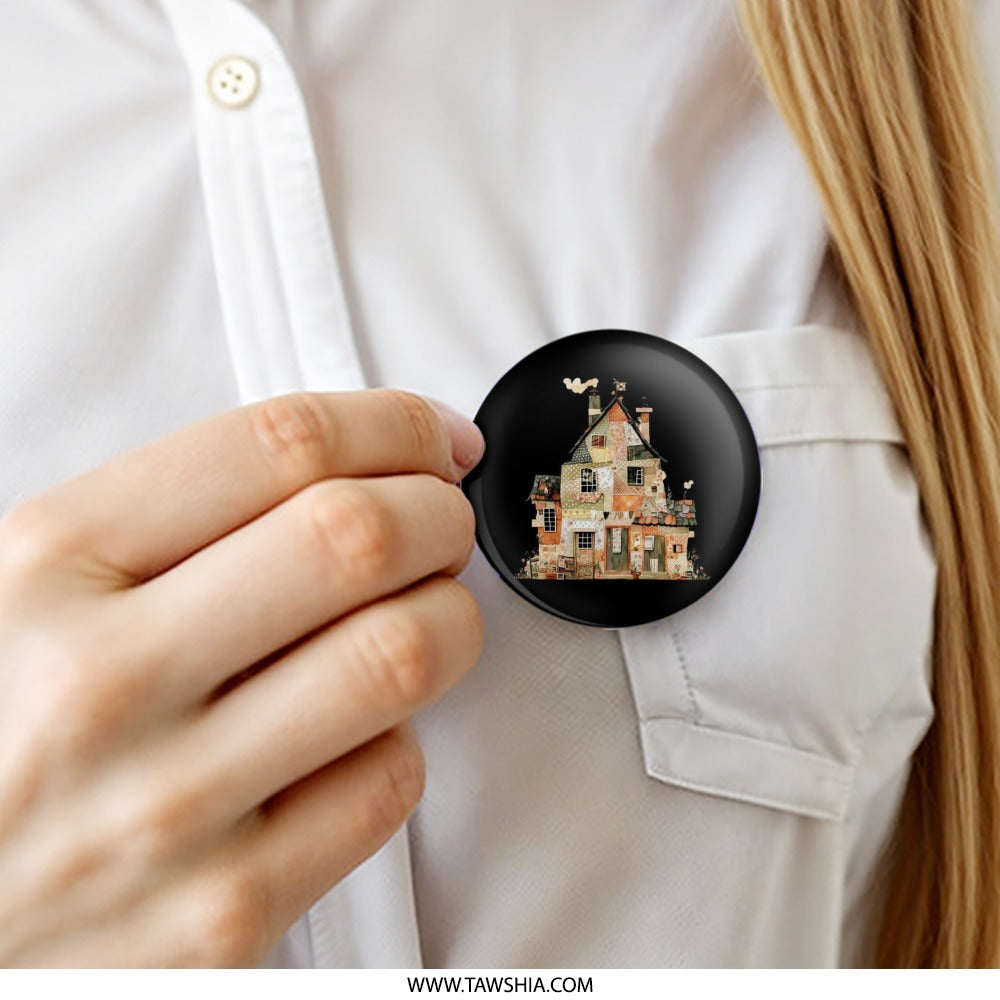Quilted House Pinback Button, Whimsical Home Button, Colorful Patchwork House Badge, Cozy Home Art Button, Cute Unique Buttons - Tawshia