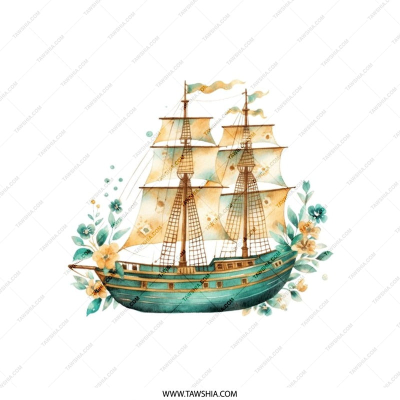 Watercolor Ship Pillow, Nautical Theme Pillow, Sailing Ship Cushion, Coastal Decor Pillow, Sea Adventure Pillow - Tawshia